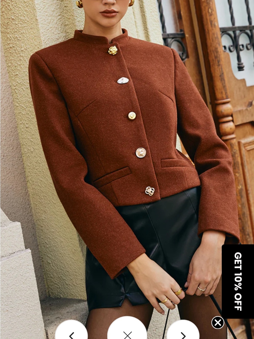 Commense Cropped Rust Brown Stand-Collar Jacket with Gold Buttons